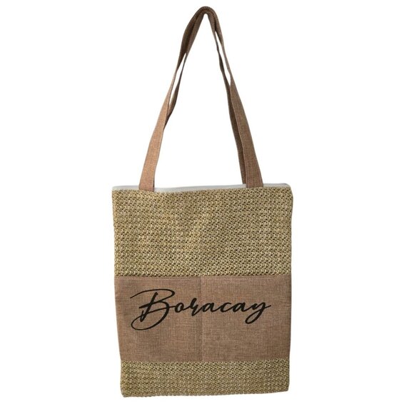 Boracay Island Beach Bag Zippered Burlap Tote With Pockets - Picture 5 of 5